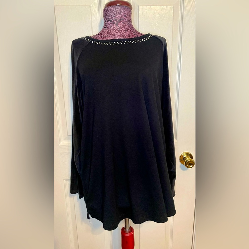 Quacker Factory Black Sweatshirt Velour Sleeves w/Rhinestone Detail Size XL